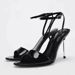 Morrocci™ Black Patent Leather Heeled Sandals – Elegant Ankle Strap Stiletto Pumps