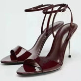 Morrocci™ Black Patent Leather Heeled Sandals – Elegant Ankle Strap Stiletto Pumps