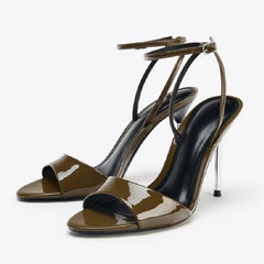 Morrocci™ Black Patent Leather Heeled Sandals – Elegant Ankle Strap Stiletto Pumps