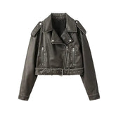 Morrocci™ Coal Gray Washed Leather Jacket – Vintage Lapel Short Coat with Belt