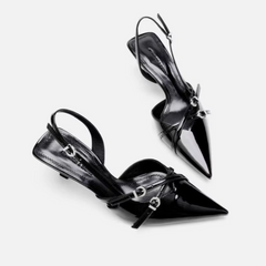 Morrocci™ Women’s Patent Leather Gladiator Sandals – Pointed Med-Heel Back Strap Pumps