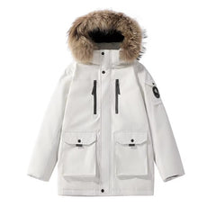 Morrocci™ Women’s Plus Size Winter Jacket – White Fur-Trimmed Hood Waterproof Denim Coat
