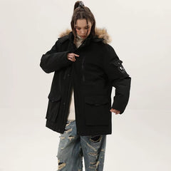 Morrocci™ Women’s Plus Size Winter Jacket – White Fur-Trimmed Hood Waterproof Denim Coat